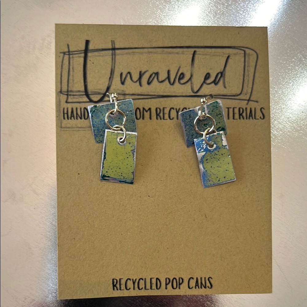 Blue and Green earrings recycled from pop cans